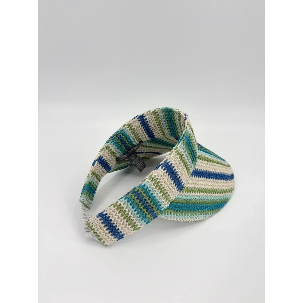 B7 Vince Camuto Stripe Woven Visor O/S Blue Green Striped Straw Beach Summer